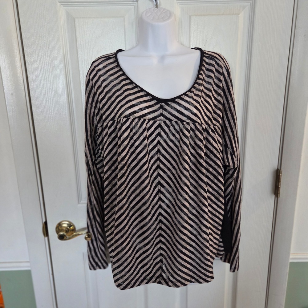 Anthropologie XL Striped Burnout Long Sleeve Empire Waist Top Black Tan Bohemian